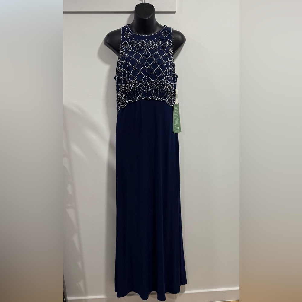 Sophisticated Navy Blue Beaded Evening Dress